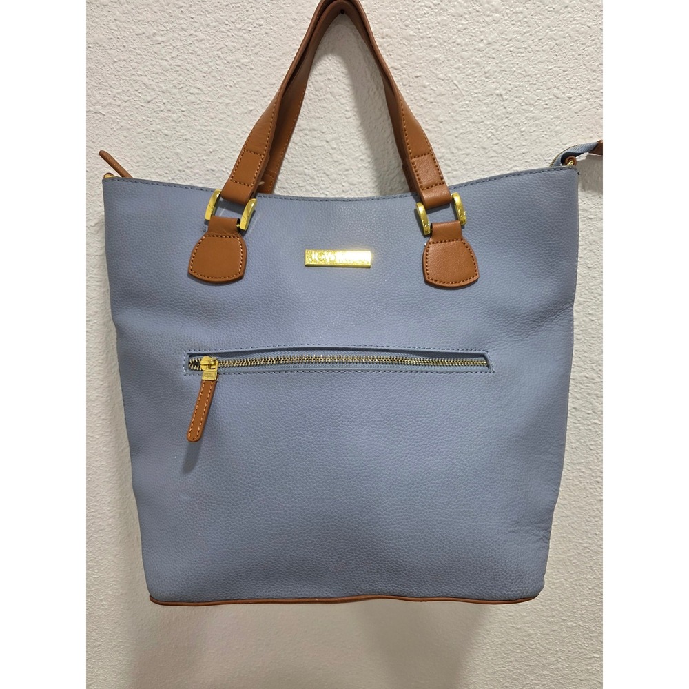 Joy & Iman Light Blue Pebbled Vegan Leather Tote Bag Gold Hardware Tan Straps